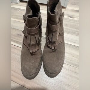 Fringed Suede Ankle Boots - Brown